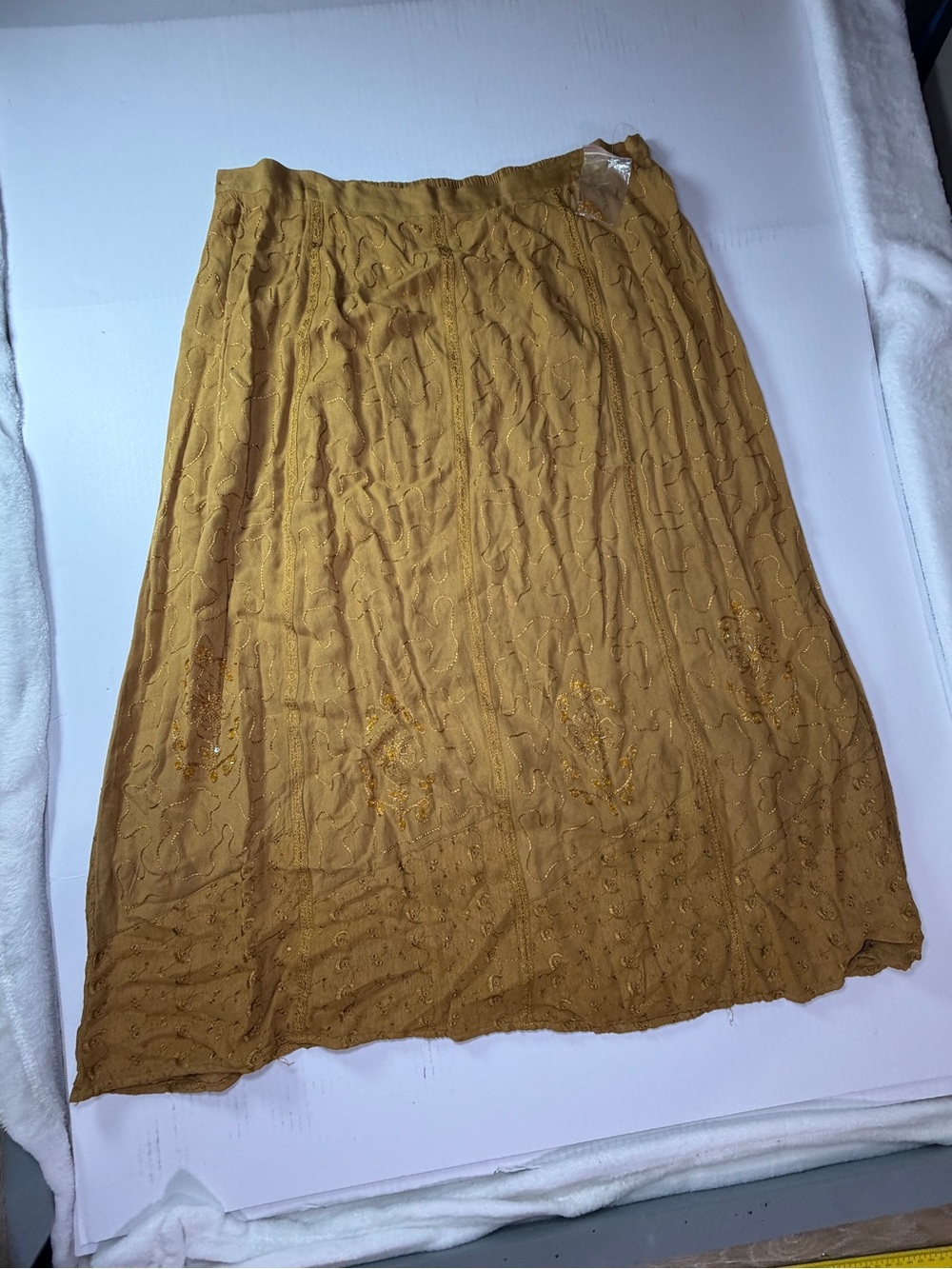 Embroidered Mustard Midi Skirt with Elastic Waist